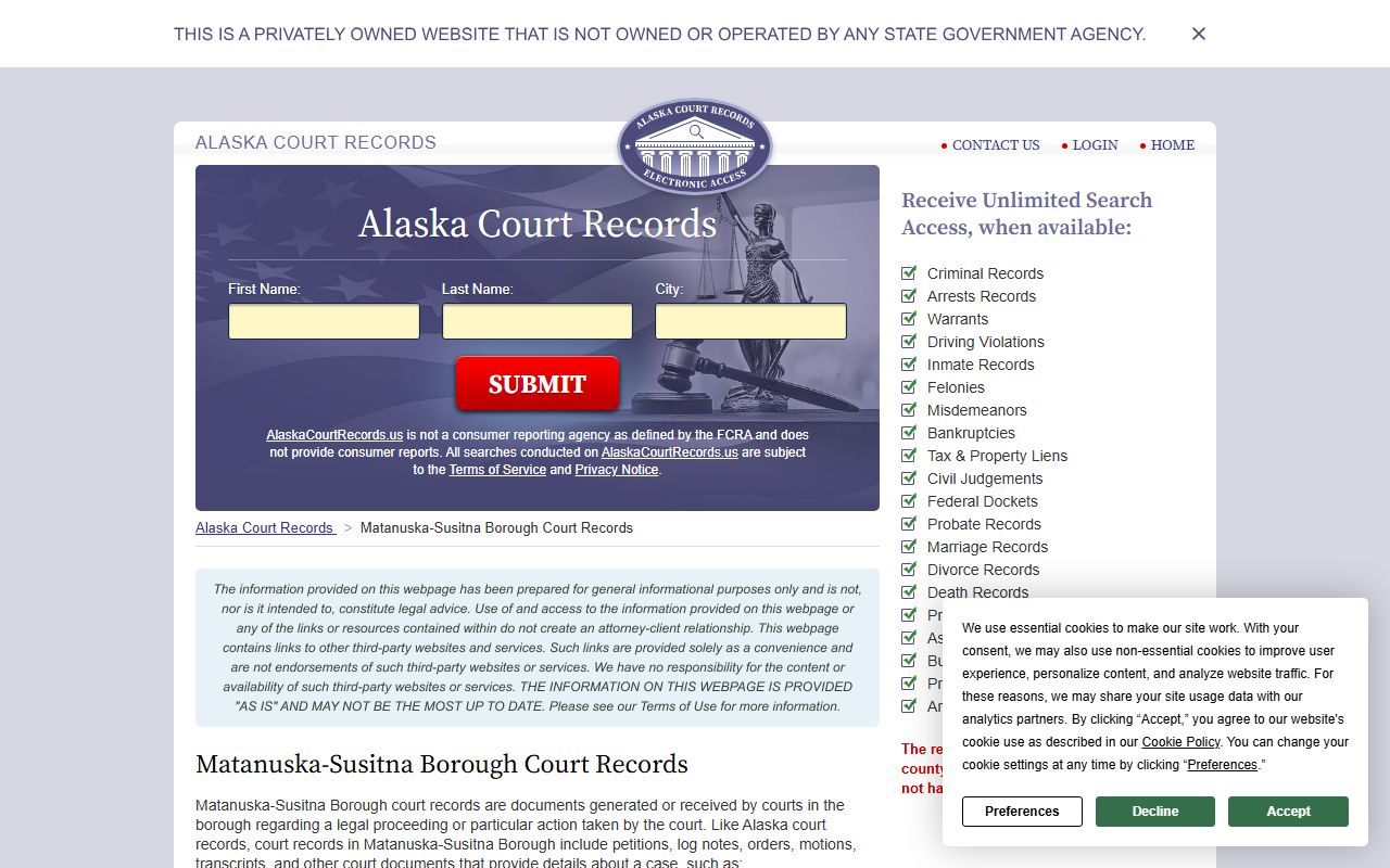 Matanuska-Susitna Borough criminal court records - Palmer court directory listing on courts.alaska.gov