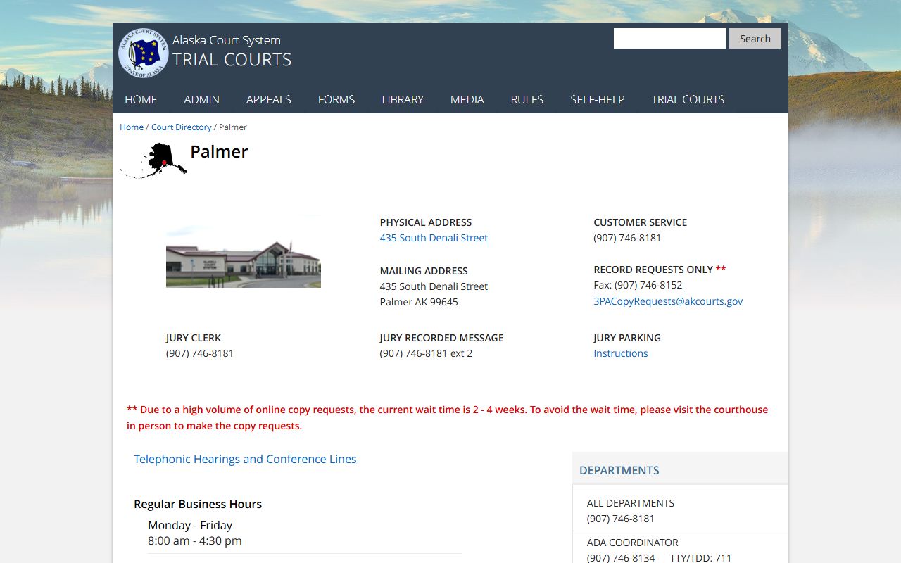 Matanuska-Susitna Borough criminal court records - official Alaska Court System Palmer court listing