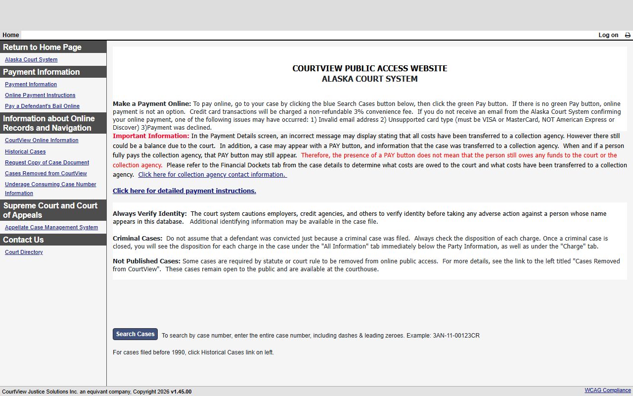 Alaska CourtView Public Access system for searching criminal court records online