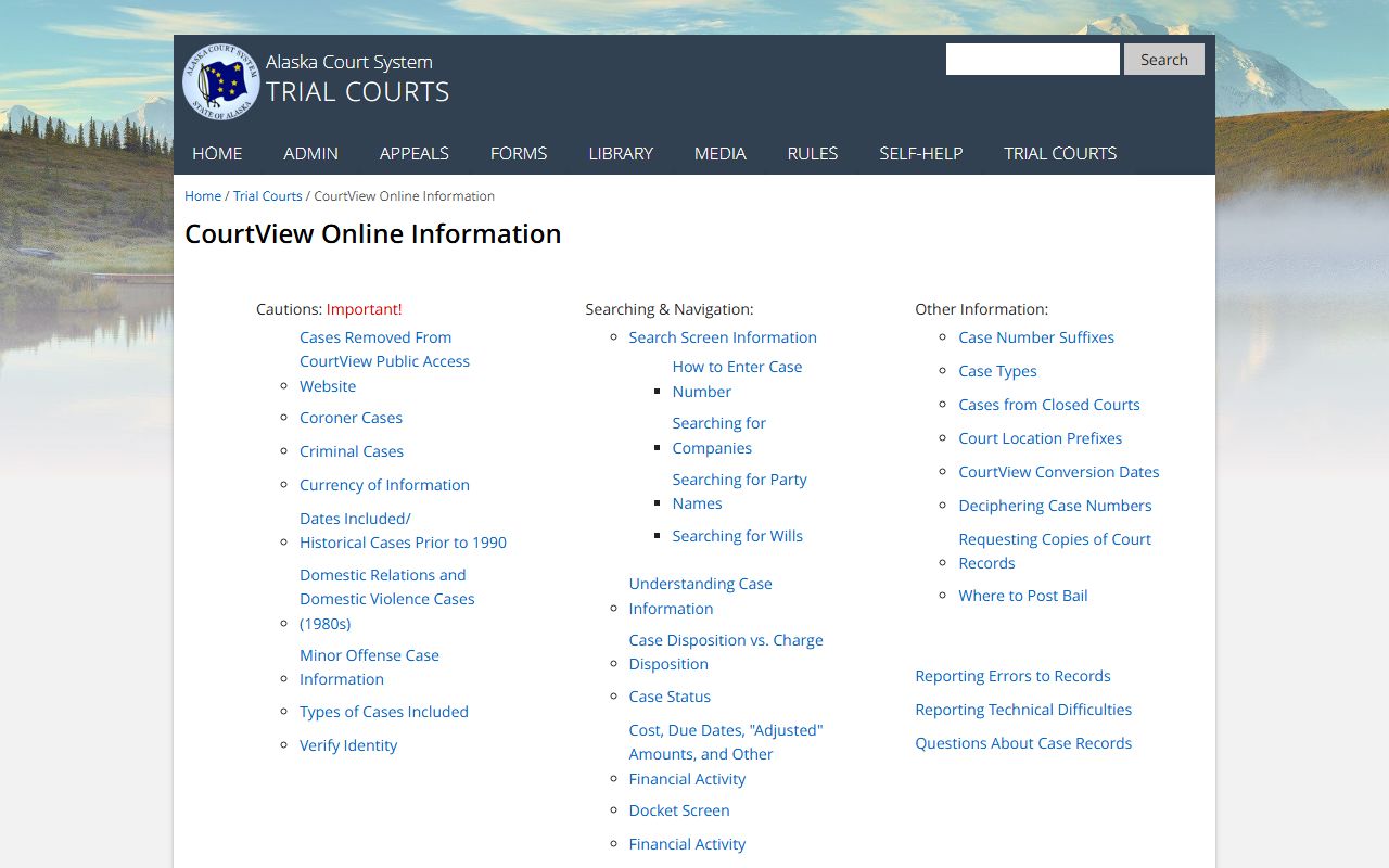 Alaska CourtView online information page explaining criminal record search limitations
