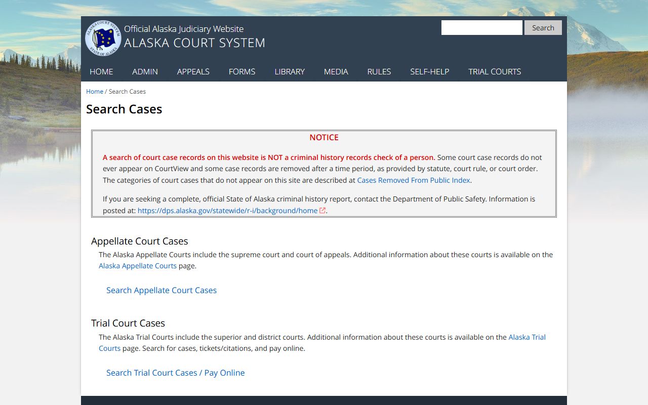 Alaska Court System search cases and payments page for criminal court records