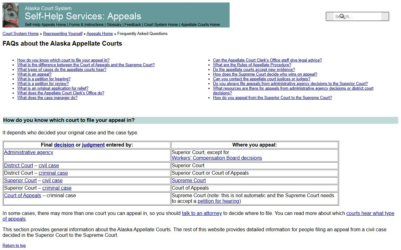 Alaska Court System self-help center for criminal appeals and records information